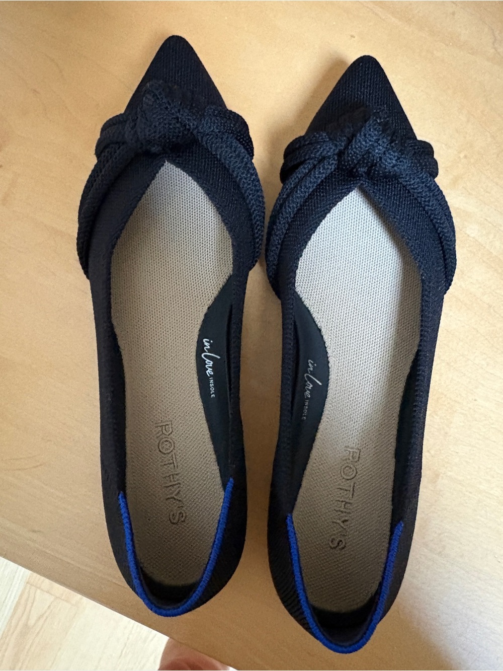 Rothy's Women's Pointed Knot Ballet Flat - Black with Blue Trim